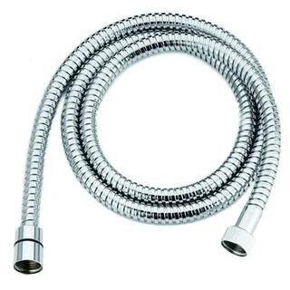 Flexibel silverfärgad duschslang med metalliknande yta och gängade kopplingar i vardera ände.