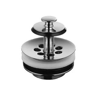 Kromfärgad duschpropp med tryckknapp och gummipackning, ventilerad med hål.