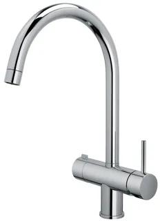 Kromad kökskran med hög båge och ett sidohandtag.