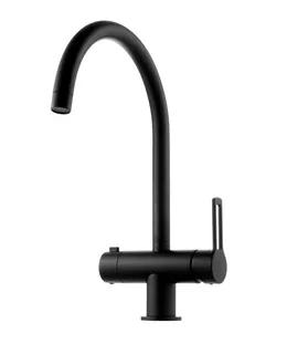 Svart modern köksblandare med böjd pip och enkel spakhandtag.