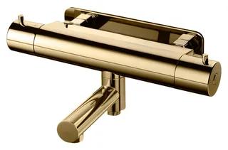 Gyllene dusch- och badblandare med rund design och två reglage.