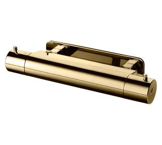 Termostatisk duschblandare i mässing med kromglans, cylindrisk form och två vred.