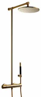 Duschset i mässing med rund taksil och handdusch.