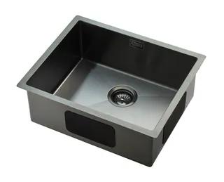 Rektangulär diskho i rostfritt stål med avrinningshål i mitten.