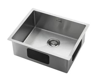 Rektangulär rostfri diskho med avrinningshål och korgsilsbrunn.