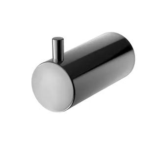 Cylindrisk svartkromad krok i metall med rund framsida, utstickande rakt stift längst upp.