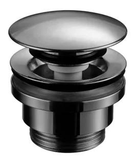 Bottendel i svart krom med pop-up-funktion, rund ovansida och cylindrisk bas.