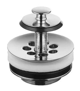 Kromfärgad bottenventil med sil och upphöjt tryckknappssystem, synlig mittskruv och skumring.