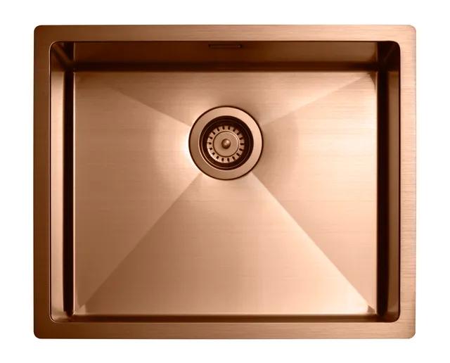 Rektangulär kopparfärgad diskho med centrerad avloppsventil och släta kanter.