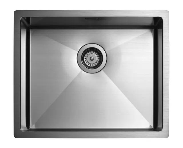 Rostfri diskho med fyrkantig form och bottenventil i mitten.