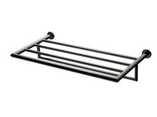 Svart handdukshylla med fyra parallella stänger i kromfinish, monterad på väggen med två runda fästen.