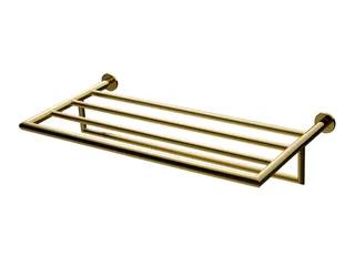 Gyllene handdukshylla med flera ribbor och väggfästen.