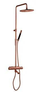 Takdusch med termostat och handdusch i kopparfärg, inklusive duschstång och duschhuvud.