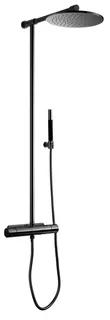 Svart termostatisk takdusch med rund duschhuvud och handdusch, monterad på en stång med nedhängande slang.