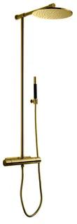 Guldfärgad takdusch med rund duschhuvud och handdusch på en stång.