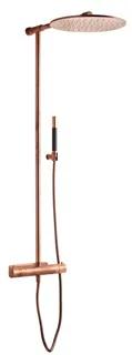 Takdusch i koppar med rund duschhuvud, handdusch och termostatblandare.