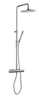 Kromfärgad takdusch med rund duschhuvud, handdusch och flexibel slang.