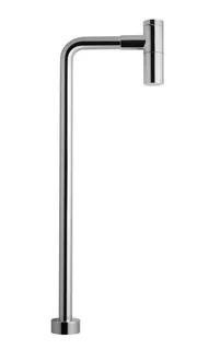 Kromfärgat vattenlås med golvrör i en L-formad design.