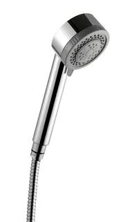 Handdusch i krom med tre synliga stråltyper, ansluten till en flexibel slang.