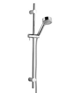 Duschset med kromad väggstång och handdusch med flexibel slang.