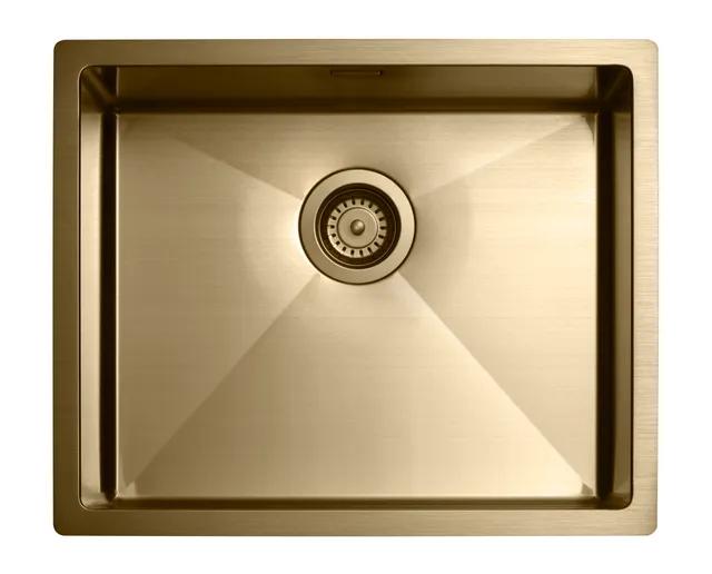 Rektangulär diskho i mässing med avrinningshål i mitten och släta kanter.