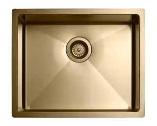 Rektangulär diskho i mässing med avrinningshål i mitten och släta kanter.