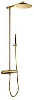 Gyllene takdusch med rund duschhuvud, vertikal stång och handdusch ansluten till en flexibel slang.
