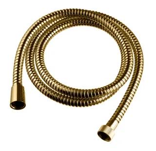 Guldfärgad duschslang med metallisk spiraldesign och skruvkopplingar i vardera ände.