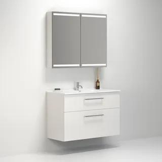 Vitt vägghängt badrumsskåp med två lådor och spegelskåp ovanför; modernt och minimalistiskt utseende.