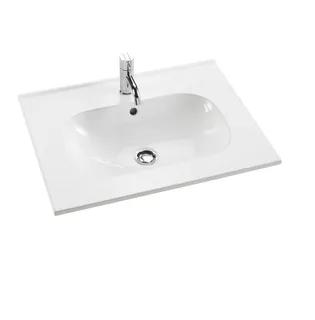 Vit tvättställ med rektangulär design och ett kromat blandare ovanpå.