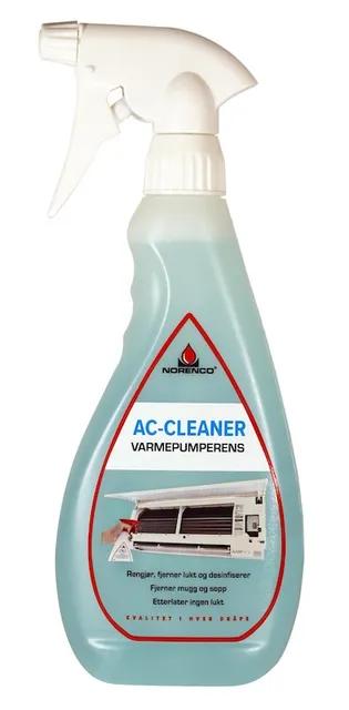 Sprayflaska med etiketten "AC-CLEANER VARMEPUMPERENS", innehåller bild av en värmepump.