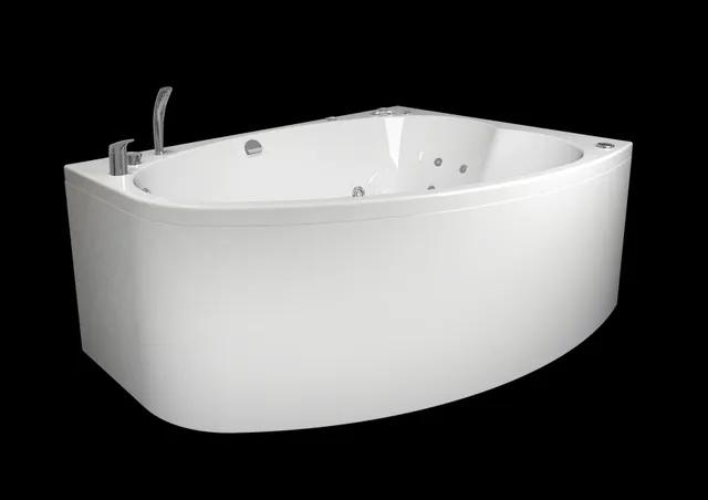 Vitt hörnbadkar med kromad blandare och jets mot svart bakgrund.