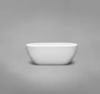 Ovalt vitt badkar på grå bakgrund.