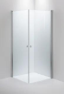 Duschvägg med två transparenta glasdörrar i en hörninstallation, placerad mot en vit vägg.