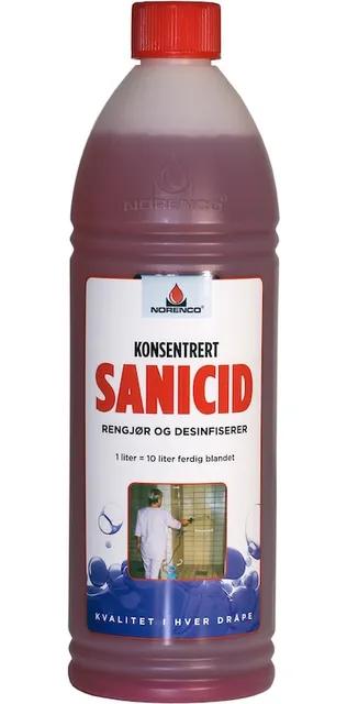 Flaska med etikett märkt "Koncentrert Sanicid" för rengöring och desinficering, röd vätska inuti.