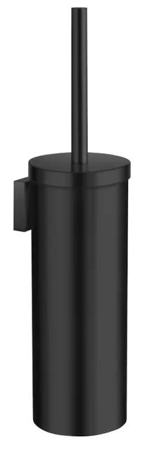 Svart, väggmonterad toalettborste med rund behållare och lock.