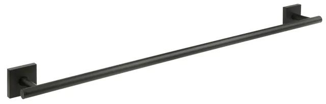 Svart handduksstång med rektangulära väggfästen i båda ändar, mot en vit bakgrund.