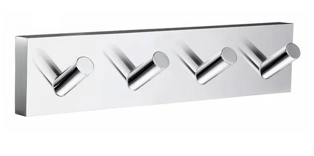 Väggmonterad fyrkrok i förkromad mässing med fyra vinklade cylindriska krokar.