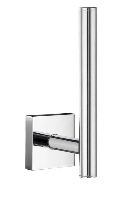 Vägghängd reservpappershållare i förkromad mässing med en cylindrisk stång och fyrkantig väggfäste.