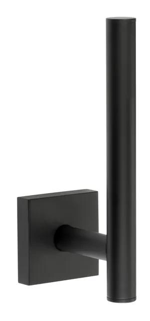 Svart cylindrisk reservpappershållare monterad på en kvadratisk väggplatta.