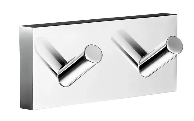 Dubbelskiktad krok i förkromad mässing med två cylindriska knoppar på en rektangulär bas.