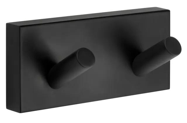 Svart rektangulär väggmonterad krok med två cylindriska armar.