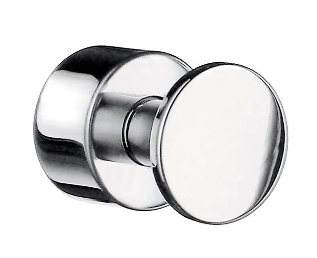 Förkromad mässingkrok med en rund, polerad yta och cylinderformad bas.