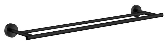 Svart, dubbel handdukshängare med två stänger och runda väggfästen.