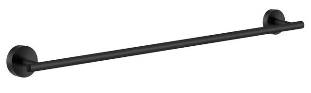 Svart enkelstång med runda väggfästen, monterad horisontellt på vit bakgrund.