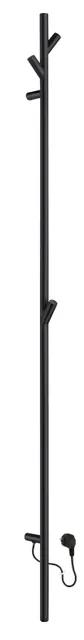 Svart, vertikal handdukstork med flera stänger monterade längs en central pelare, ansluten med en sladd.