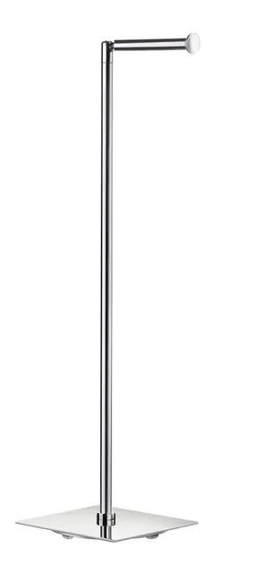 Fristående toalettpappershållare i metall med kromfinish, fyrkantig bas och horisontell arm för rulle.