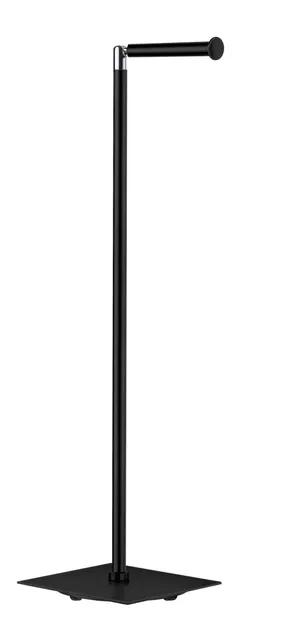 Svart fristående toalettrullehållare med en kvadratisk bottenplatta och horisontell stav för pappersrullen.