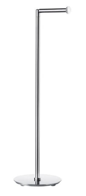 Fristående toalett- och pappershållare i metall med rund bas och en horisontell stav upptill.