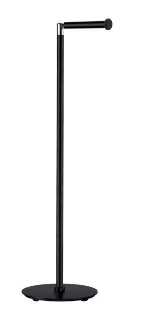 Svart fristående toalett- och reservpappershållare med rund bas och enkel stångdesign.